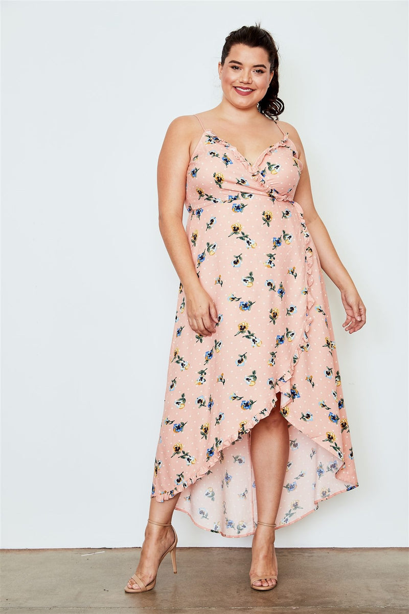 Plus Size Peach Flower Print Hi-low Wrap Midi Dress
