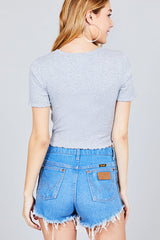 Short Sleeve Round Neck Lettuce Hem Rib Crop Top