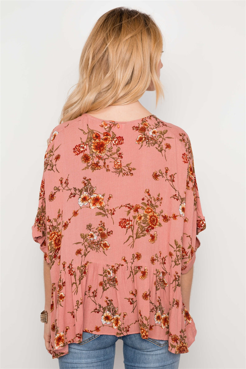 Floral Multi Peach High Low Round Neck Top