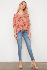 Floral Multi Peach High Low Round Neck Top