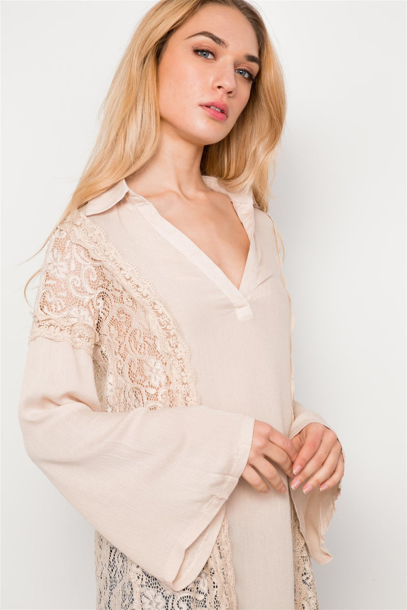 Combo Lace Bell Sleeve Tunic Top