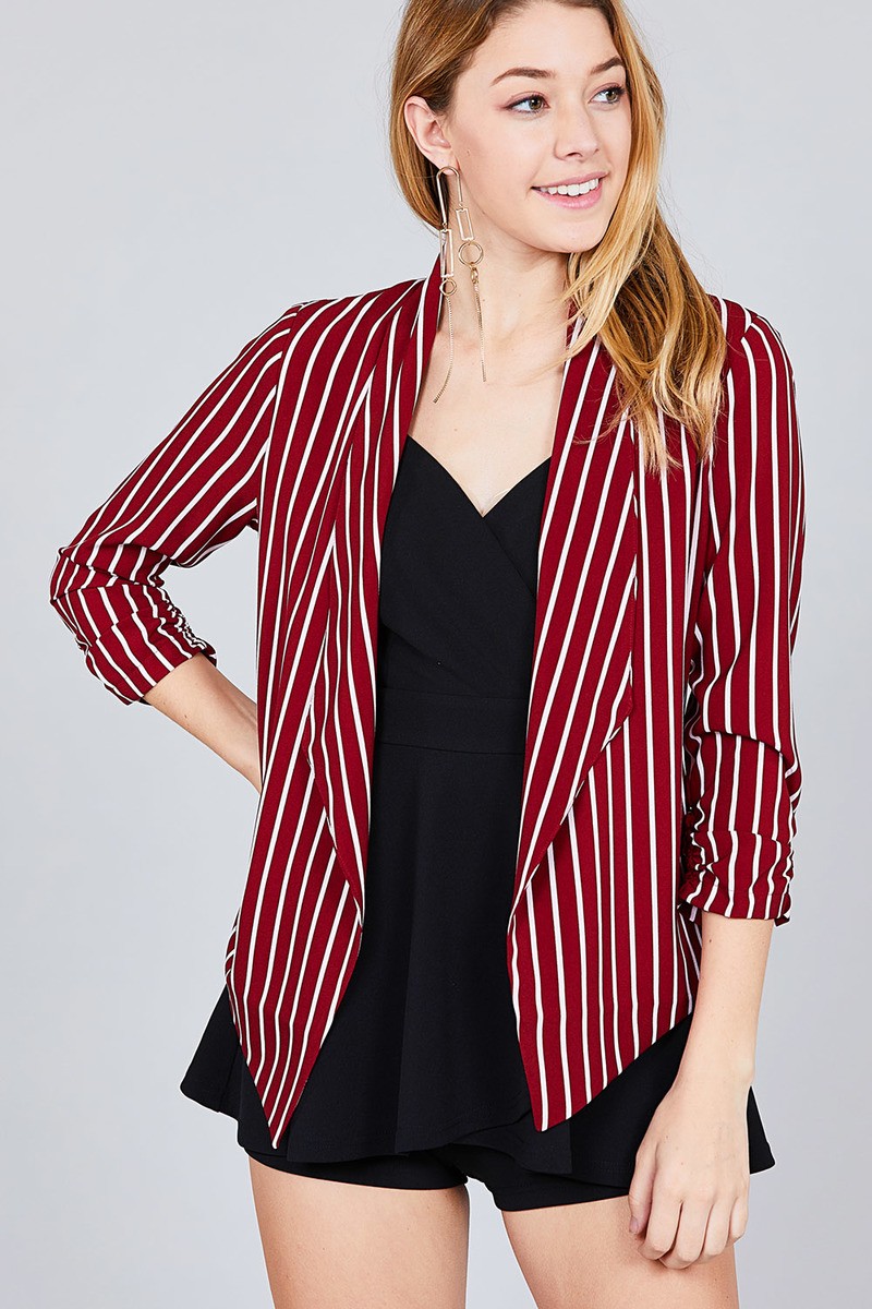 Shirring Sleeve Open Front W/label Striped Jacket