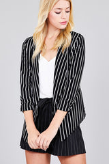 Shirring Sleeve Open Front W/label Striped Jacket
