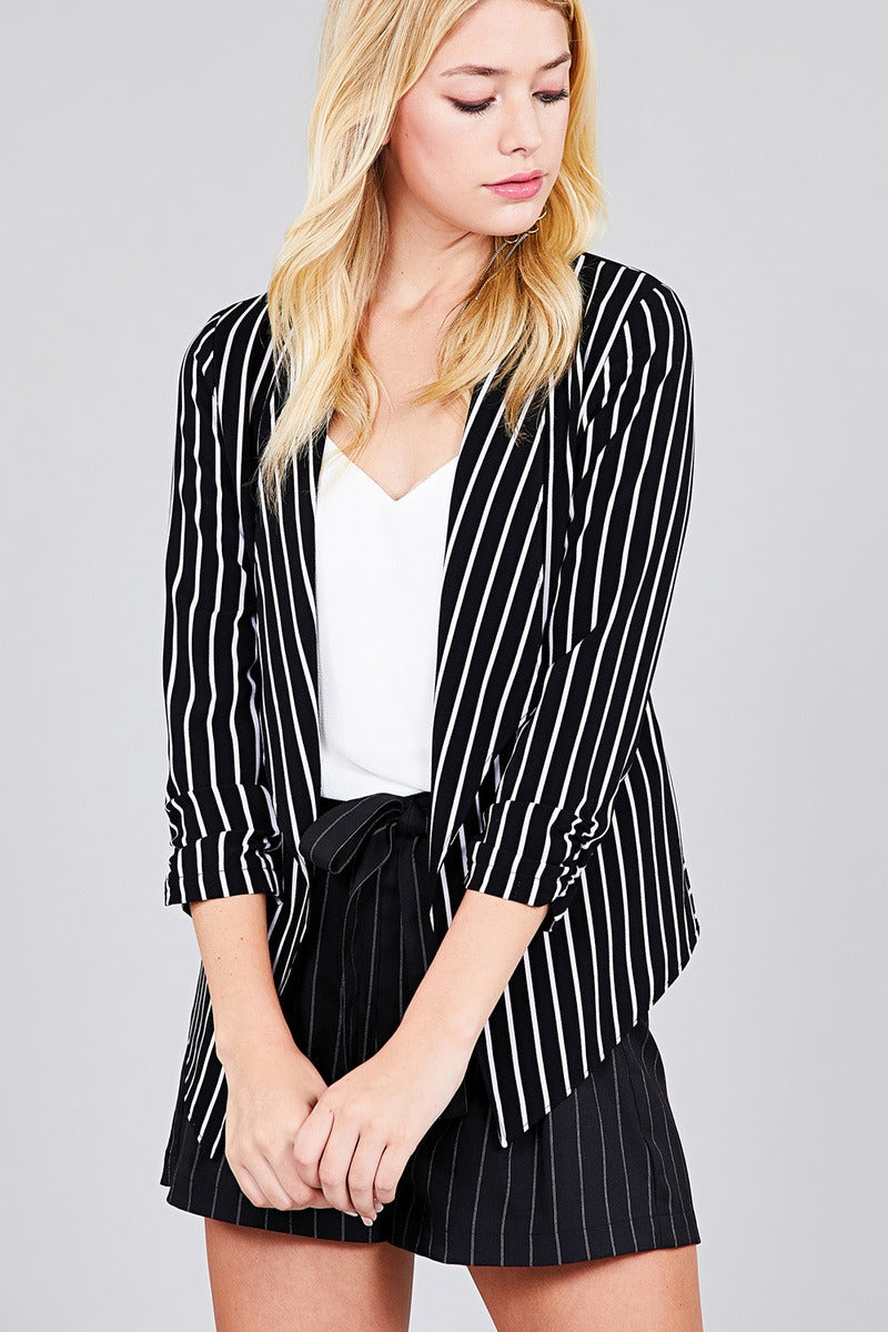 Shirring Sleeve Open Front W/label Striped Jacket