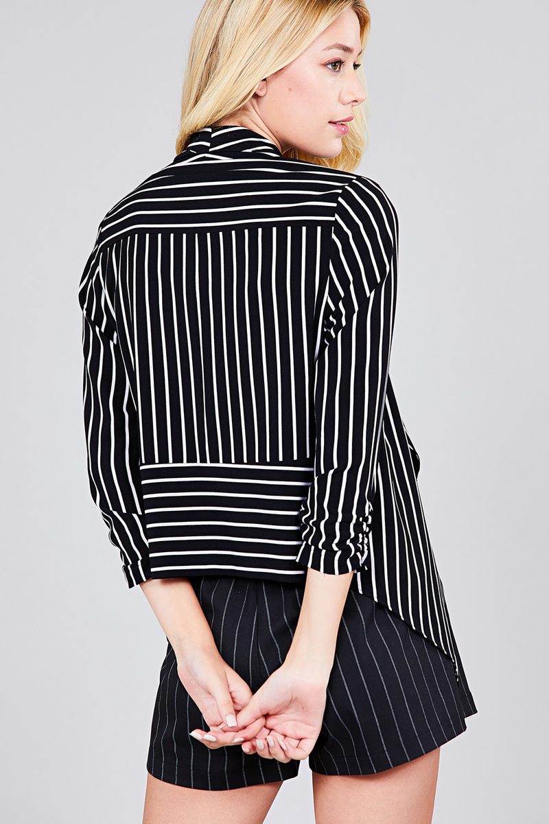 Shirring Sleeve Open Front W/label Striped Jacket