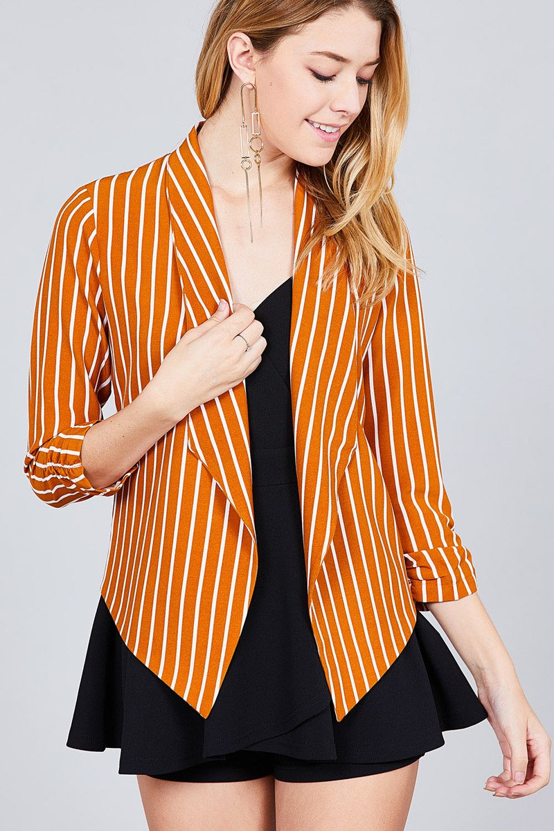 Shirring Sleeve Open Front W/label Striped Jacket