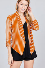 Shirring Sleeve Open Front W/label Striped Jacket