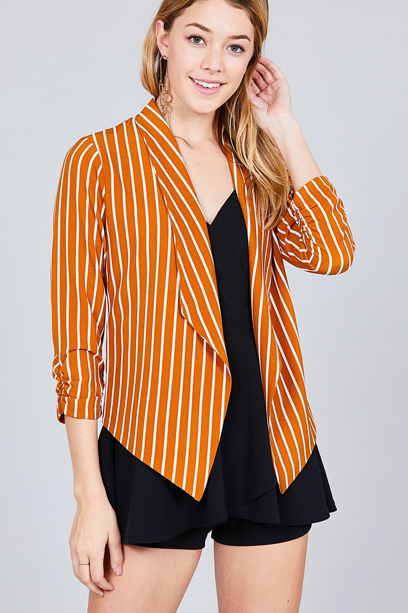 Shirring Sleeve Open Front W/label Striped Jacket