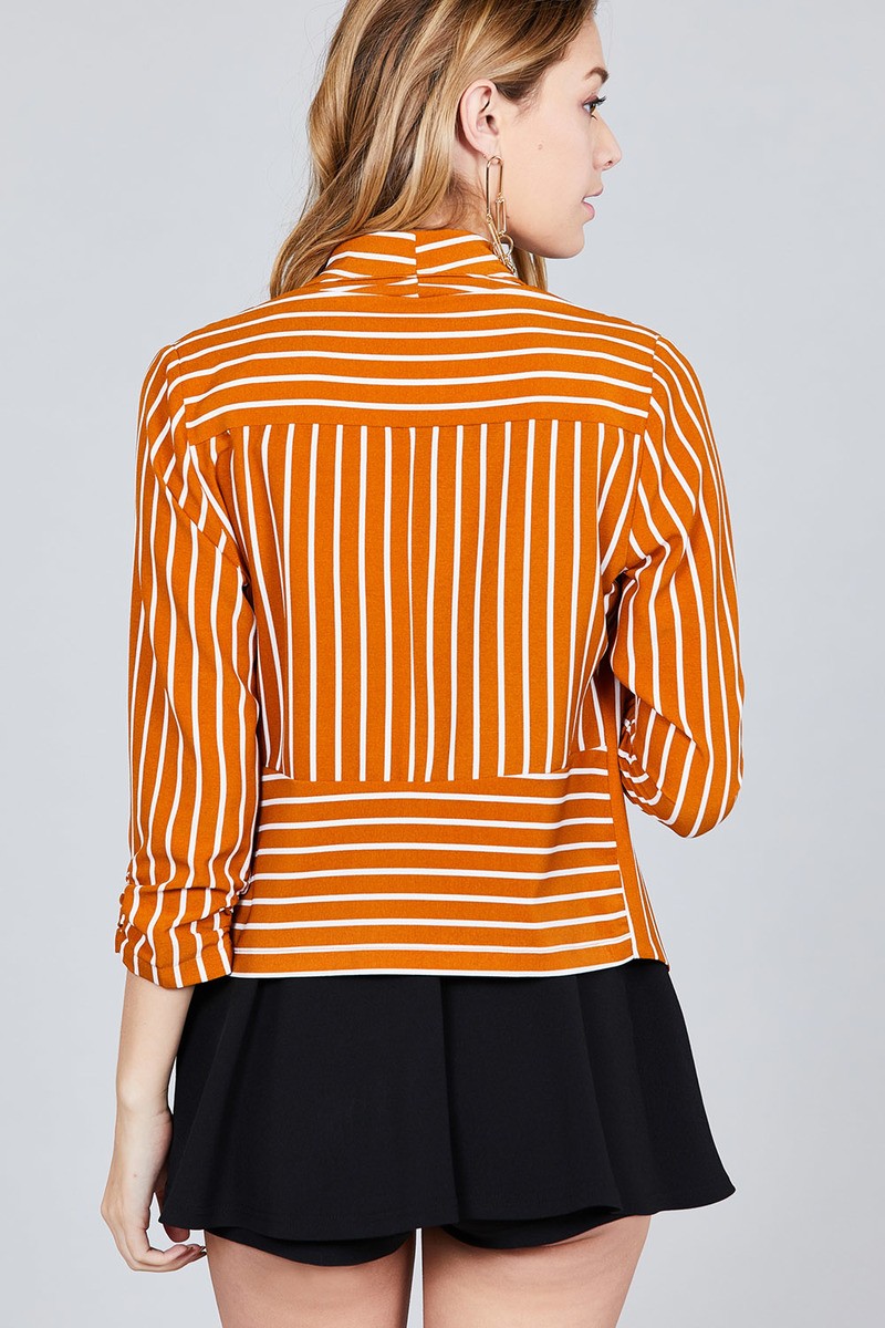 Shirring Sleeve Open Front W/label Striped Jacket