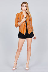 Shirring Sleeve Open Front W/label Striped Jacket