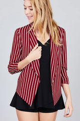 Shirring Sleeve Open Front W/label Striped Jacket