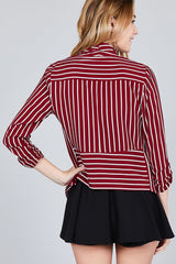 Shirring Sleeve Open Front W/label Striped Jacket