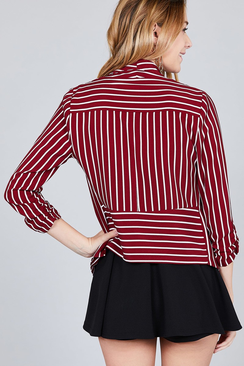 Shirring Sleeve Open Front W/label Striped Jacket
