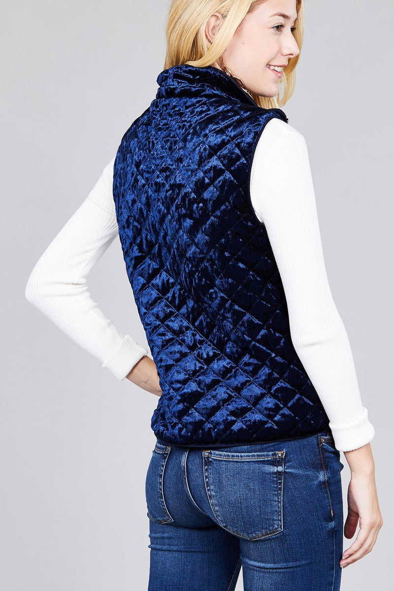 Quilted Padding W/suede Piping Detail Velvet Vest