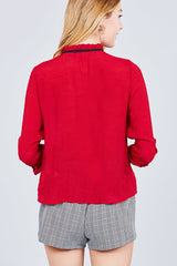 3/4 Roll Up Sleeve Ruffle Neck Contrast Tie Slub Gauze Woven Top