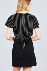 Short Sleeve V-neck W/surplice Tie Detail Multi Stripe Print Woven Top