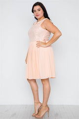 Plus Size Peach Pleated Chiffon Lace Sleeveless Dress