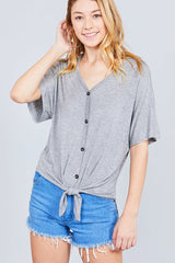 Short Dolman Sleeve V-neck W/button Detail Front Tie Rayon Spandex Cardigan