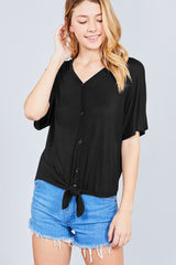 Short Dolman Sleeve V-neck W/button Detail Front Tie Rayon Spandex Cardigan