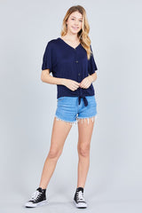 Short Dolman Sleeve V-neck W/button Detail Front Tie Rayon Spandex Cardigan