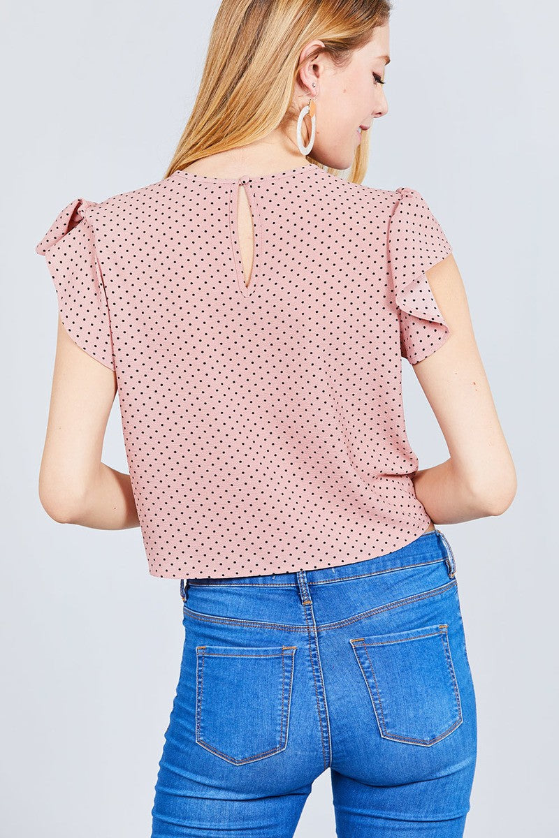 Ruffle Sleeve Round Neck Front Tie Dot Print Woven Top