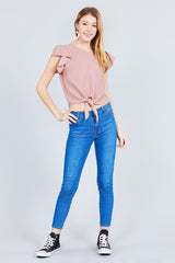 Ruffle Sleeve Round Neck Front Tie Dot Print Woven Top