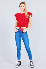 Ruffle Sleeve Round Neck Front Tie Dot Print Woven Top