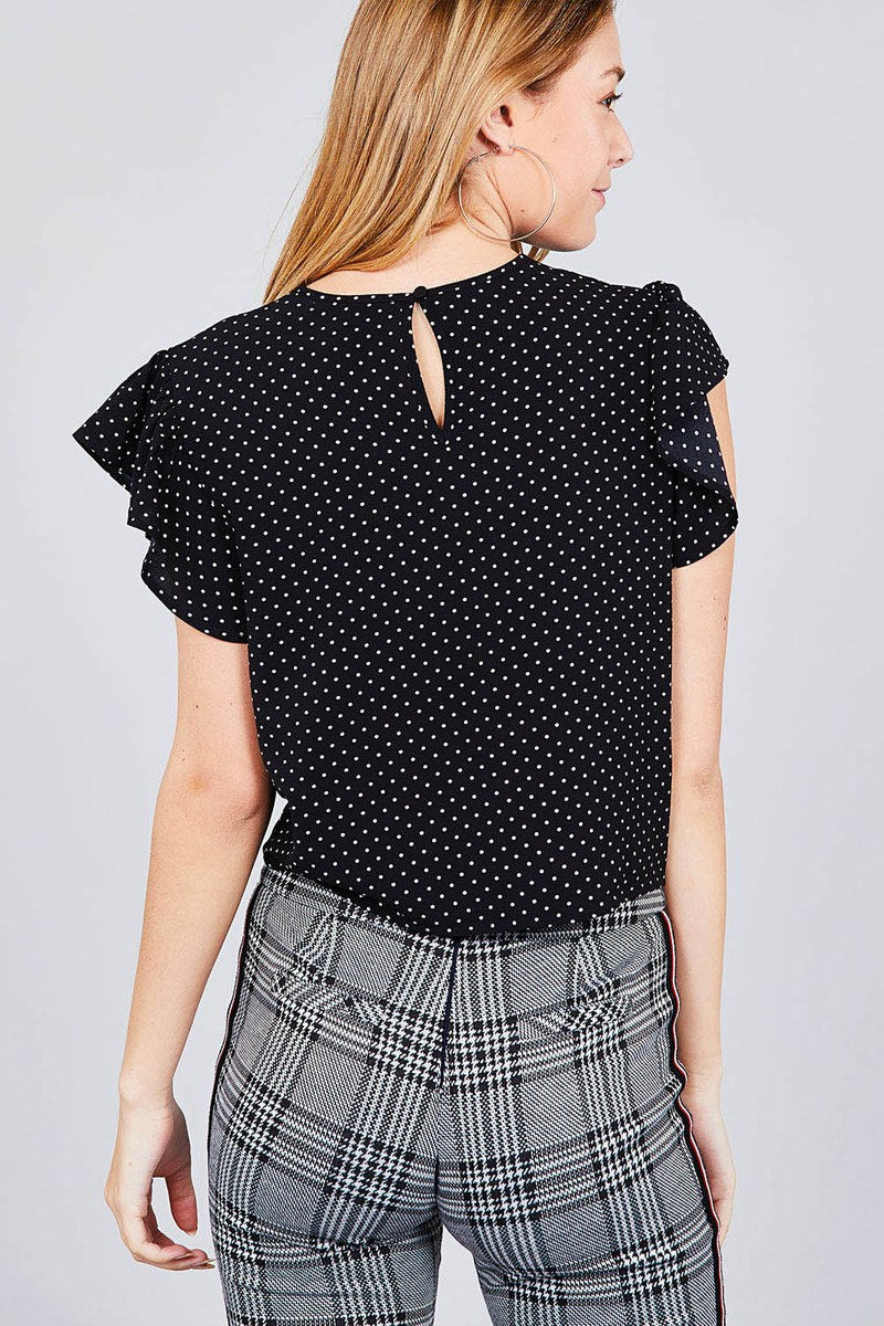 Ruffle Sleeve Round Neck Front Tie Dot Print Woven Top