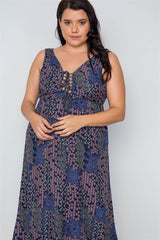 Plus Size Multi Navy Sleeveless Lace Up Maxi Boho Dress