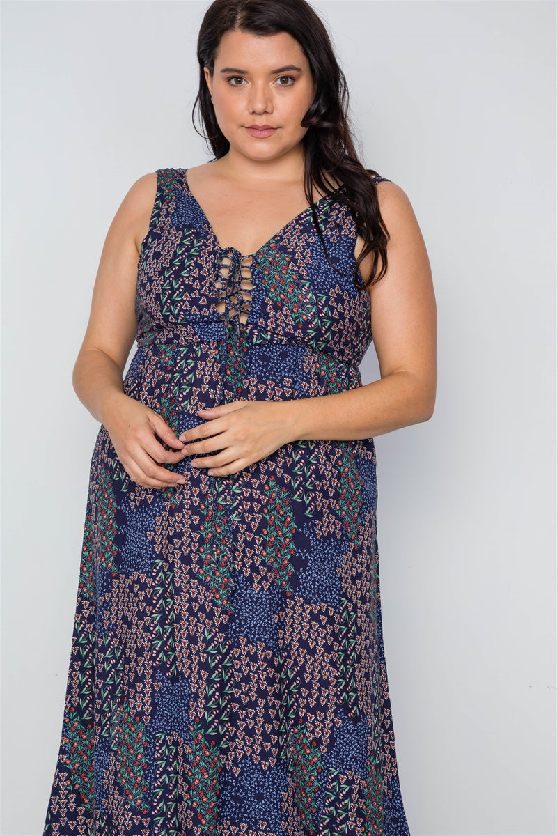 Plus Size Multi Navy Sleeveless Lace Up Maxi Boho Dress