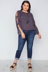 Plus Size Navy Multi Print Slit Self Tie Sleeves Top