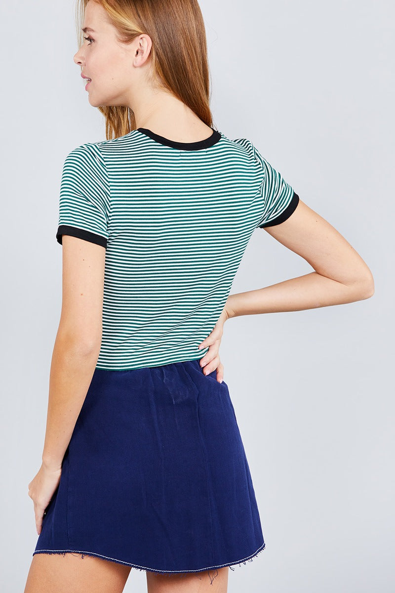 Short Crew Neck W/contrast Binding Front Tie Stripe Rayon Spandex Top