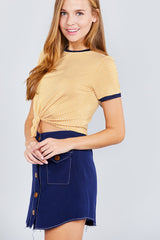 Short Crew Neck W/contrast Binding Front Tie Stripe Rayon Spandex Top