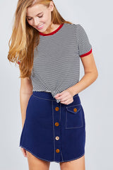 Short Crew Neck W/contrast Binding Front Tie Stripe Rayon Spandex Top