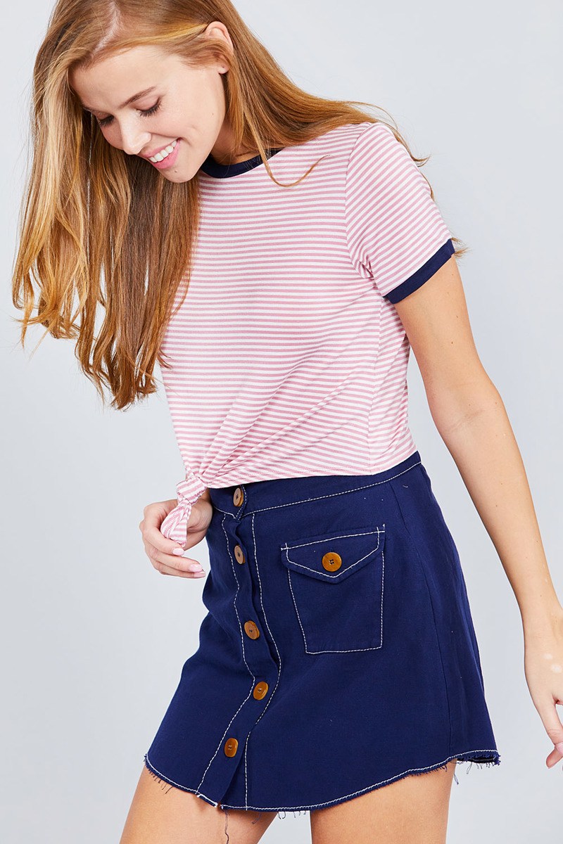 Short Crew Neck W/contrast Binding Front Tie Stripe Rayon Spandex Top