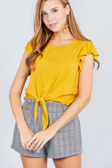 Ruffle Short Sleeve Front Tie Crinkle Gauze Woven Top