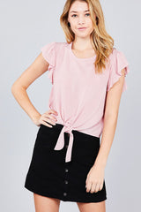 Ruffle Short Sleeve Front Tie Crinkle Gauze Woven Top
