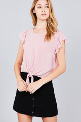 Ruffle Short Sleeve Front Tie Crinkle Gauze Woven Top