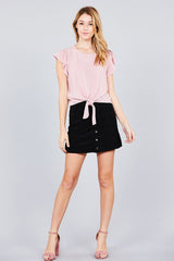 Ruffle Short Sleeve Front Tie Crinkle Gauze Woven Top