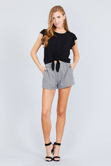 Ruffle Short Sleeve Front Tie Crinkle Gauze Woven Top