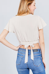 Short Sleeve V-neck W/surplice Tie Detail Woven Top