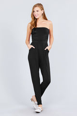 Strapless Tube Top W/front Slanted And Pocket Rayon Spandex Jumpsuit