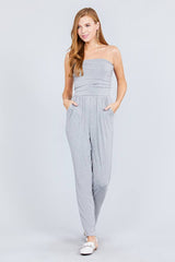 Strapless Tube Top W/front Slanted And Pocket Rayon Spandex Jumpsuit