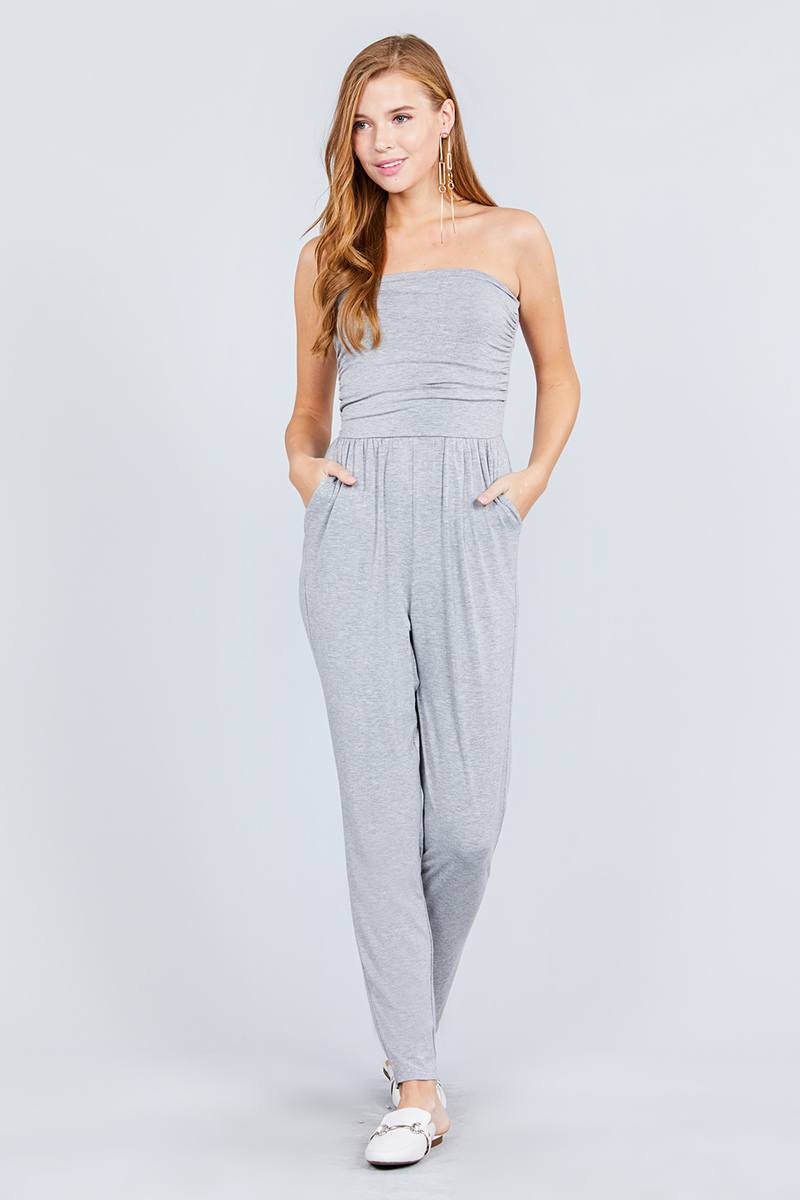 Strapless Tube Top W/front Slanted And Pocket Rayon Spandex Jumpsuit