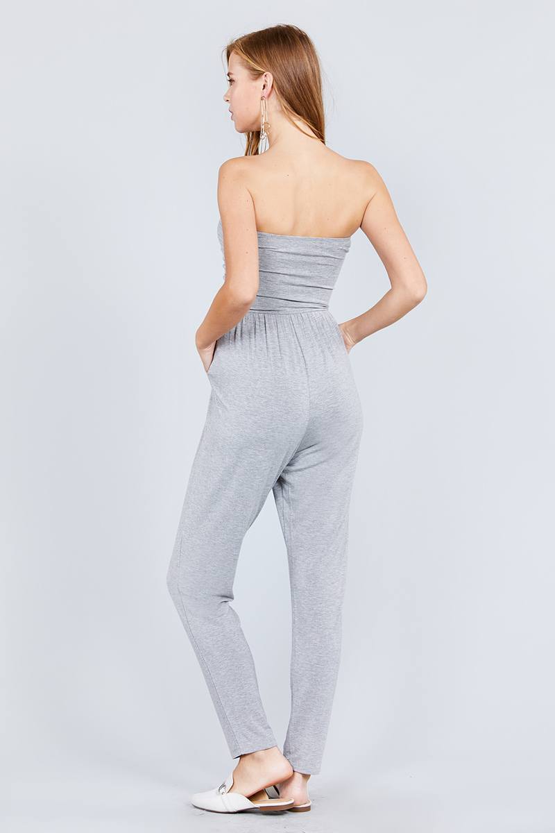 Strapless Tube Top W/front Slanted And Pocket Rayon Spandex Jumpsuit