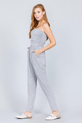 Strapless Tube Top W/front Slanted And Pocket Rayon Spandex Jumpsuit