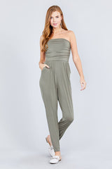 Strapless Tube Top W/front Slanted And Pocket Rayon Spandex Jumpsuit