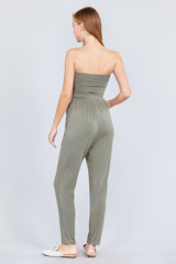 Strapless Tube Top W/front Slanted And Pocket Rayon Spandex Jumpsuit