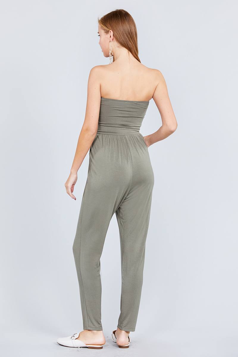 Strapless Tube Top W/front Slanted And Pocket Rayon Spandex Jumpsuit