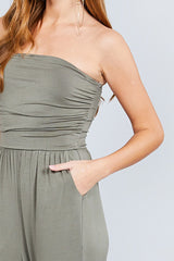 Strapless Tube Top W/front Slanted And Pocket Rayon Spandex Jumpsuit